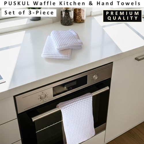PÜSKÜL Natural 100% Turkish Cotton Waffle Kitchen and Hand Towels, 3-Piece | White, 32x16" Large, Premium 3D Honeycomb Weave Soft Absorbent Quick-Dry Lint-Free Dish Towel, Oeko-Tex Made in Turkey - color: White, size: Kitchen & Hand Towels Pack of 3