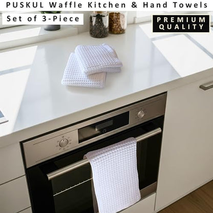 PÜSKÜL Natural 100% Turkish Cotton Waffle Kitchen and Hand Towels, 3-Piece | White, 32x16" Large, Premium 3D Honeycomb Weave Soft Absorbent Quick-Dry Lint-Free Dish Towel, Oeko-Tex Made in Turkey - color: White, size: Kitchen & Hand Towels Pack of 3