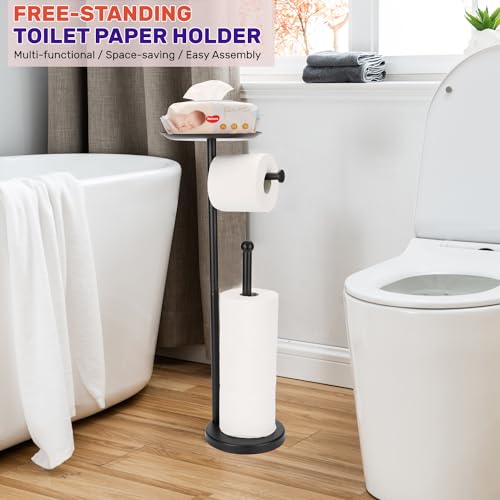 Black Toilet Paper Holder Stand, Freestanding Toilet Paper Holder with Shelf for Small Items, Toilet Paper Stand with Storage Space for 4 Extra Toilet Paper Rolls - color: Black Matte