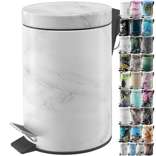 Sanilo Small Bathroom Trash Can with Lid [1.3 Gallon] - Lidded Tiny Trashcan for Garbage - Mini Metal Bin with Soft Closing Mechanism - Bath Room Accessoire Wastebin with Inner Bucket (Marble) - color: Marble