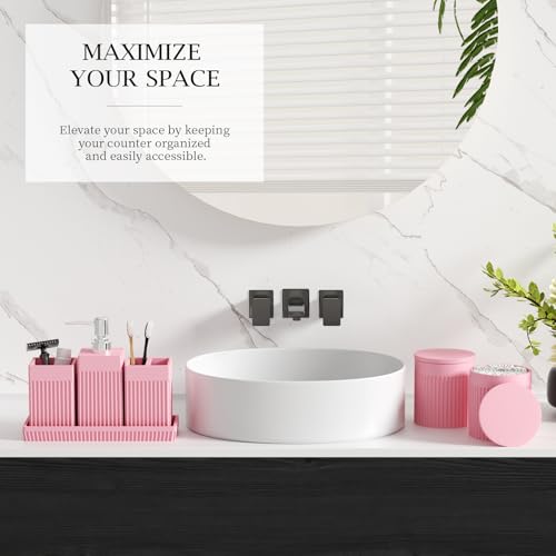 6-Piece Pink Bathroom Set - Sleek Resin Bathroom Accessories Set with Soap Dispenser, Toothbrush Holder, Vanity Tray, Tumbler & Apothecary Jars for Small Spaces - color: Pink