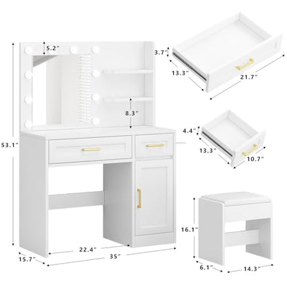 Vanity Desk with Mirror and Lights & Power Outlet | Makeup Desk with Drawer Storage Shelves,3 Lighting Mode Adjustable Brightness,Modern Handle Dressing Table with Chair Bedroom