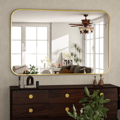30x48 Inch Gold Bathroom Vanity Mirror for Over Sink | Rectangle Wall Mirror for Bathroom with Round Corner, Hangs Horizontally Vertically for Living Room, Bedroom as Home Decor - color: Gold, size: 48"L x 30"W