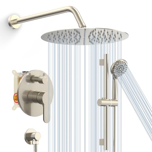 SR SUN RISE 12" Shower Faucet Set with Shower Slide Bar,Brushed Nickel | High Pressure Shower Head,6-Spray Setting,16"Adjustable Shower Slide Bar,Soild Brass,Wall Mount,Included Valve and Trim Kit - color: Brushed Nickel