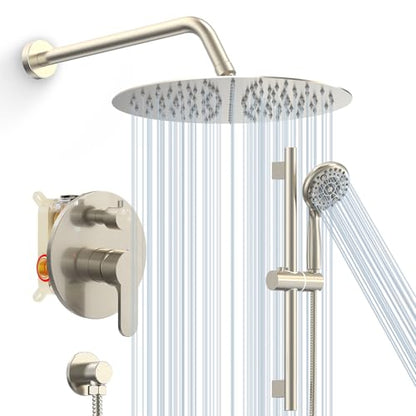 SR SUN RISE 12" Shower Faucet Set with Shower Slide Bar,Brushed Nickel | High Pressure Shower Head,6-Spray Setting,16"Adjustable Shower Slide Bar,Soild Brass,Wall Mount,Included Valve and Trim Kit - color: Brushed Nickel