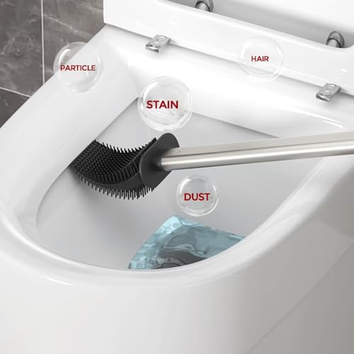 Toilet Brush and Holder, Stainless Steel, Off-White | Removable Inner Bowl and Splash Protection,Flat and Elongated,Dense Bristles for Through Cleaning - color: Off-white