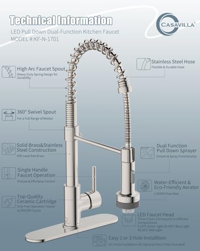 Kitchen Faucet with LED Light,Kitchen Faucet with Soap Dispenser,Faucet for Camper Farmhouse RV Kitchen Sink,Single Handle Stainless Steel Kitchen Sink Faucets with Pull Down Sprayer,Nickel Brushed - color: B-Brushed Nickel, style: Rustic