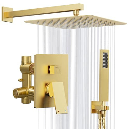 Kurpot Gold Shower System, 10'' Square Rainfall Shower Head with Handheld Combo Spray, Bathroom Brushed Gold Shower Faucet Set with Valve, 59'' Shower Hose, Shower Trim Kit and Diverter, Wall Mounted - color: Brushed Gold