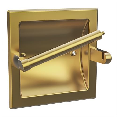 Recessed Gold Toilet Paper Holder Wall Mounted 304 Stainless Steel | Brushed Brass Post Pivoting Design Easy to Change Roll, in Wall Toilet Paper Holder for Mega Roll Waterproof & Rustproof - color: Gold