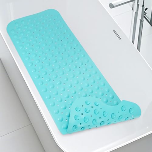 WarmSnow Long Bathtub Mat Non Slip 39.5 x 16 Inch, Inside Shower Mats with Suction Cups & Drain Holes, Soft TPE Bath Mat for Tub, Quick-Drain Bathroom Floor Mats, Blue - color: Blue, size: 39.5" x 16" (Rectangular)
