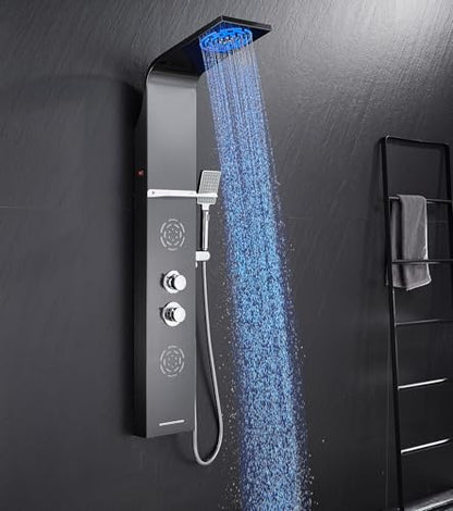 POPFLY LED Shower Panel Tower with Shelf, Mist & Rainfall Shower System | 304 Stainless Steel Shower Tower with 2 Body Massage Jets, Tub Spout, 3-Function Handheld Shower, Matte Black - style: 2 Body Jets with Shelf-Black