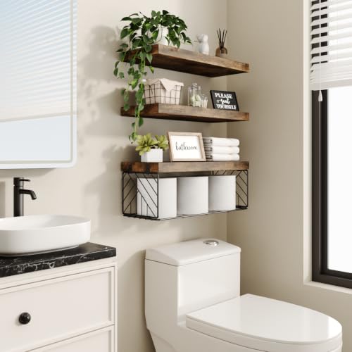 BAYKA Rustic Brown Floating Bathroom Shelves, 15.7in, 3Pk, Wall Mount Shelf | Metal Mesh Storage Basket, Easy Install, 22lbs Max Load, Hidden Bracket, for Over Toilet Bedroom Decor, Multi-Wall Compatible