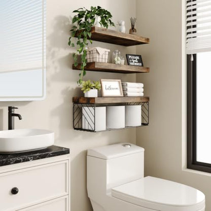 BAYKA Rustic Brown Floating Bathroom Shelves, 15.7in, 3Pk, Wall Mount Shelf | Metal Mesh Storage Basket, Easy Install, 22lbs Max Load, Hidden Bracket, for Over Toilet Bedroom Decor, Multi-Wall Compatible