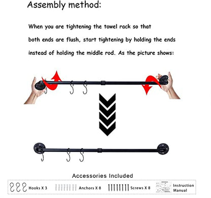 Industrial Black Pipe Towel Bar, 33.4 Inch Long Bath Towel Rack, Wall Mounted Heavy Duty Thicken Bathroom Hardware Towel Holder Organizer, Rustic Towel Rails - size: 33.4 inches
