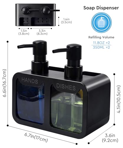 Kitchen Hand Soap and Dish Soap Dispenser Set, Dual Soap Dispenser with Sponge Caddy and Brush Holder 4-in-1 Organizer for Kitchen Sink Countertop, Useful Kitchen Gadgets - Black - color: Black