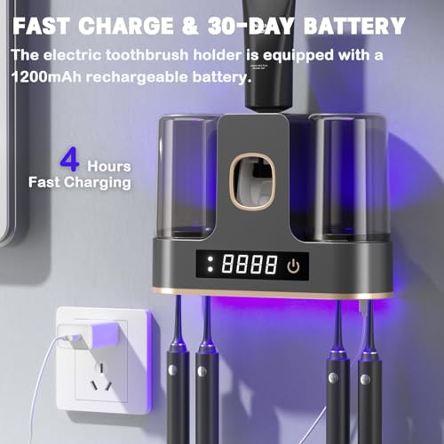 Electric Toothbrush Holders for Bathrooms, Dustproof Smart Toothbrush Holder Wall Mounted - 4 Brush/2 Cup, Auto Toothpaste Dispenser, Hot Air Drying & LCD Display,Toothbrush Cleaner (Gray) - color: Gray