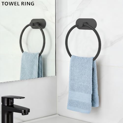 Self-Adhesive Towel Ring, No Drill Stainless Steel Round Hand Towel Holder, Rustproof Waterproof Towel Hanger with Strong Sticky Base, Modern Wall-Mounted Towel Loop for Bathroom Kitchen (Matte Black) - color: Matte Black