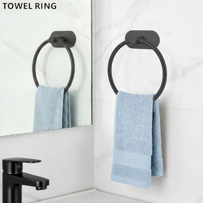 Self-Adhesive Towel Ring, No Drill Stainless Steel Round Hand Towel Holder, Rustproof Waterproof Towel Hanger with Strong Sticky Base, Modern Wall-Mounted Towel Loop for Bathroom Kitchen (Matte Black) - color: Matte Black