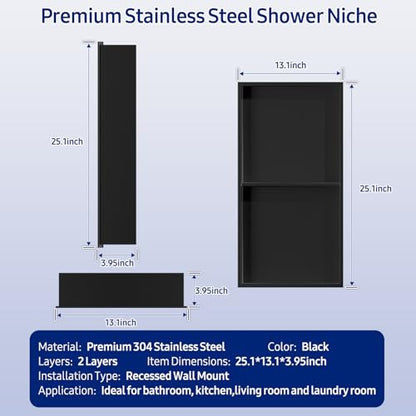 NLShan Shower Niche No Tile Needed: Recessed and Stainless Steel Wall Niche with Double Shelves - Easy Installation for Shower Storage