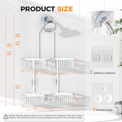 Adjustable Aluminum Shower Caddy Hanging for Handheld Showerhead, White | Rustproof Aluminum, Shower Organizer, Anti-Slip, Quick-Drain Shelf, 40lbs Capacity, Suction Cups, 8 Hooks, Razor Soap Holders - color: White
