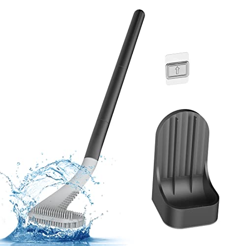 Toilet Brush, Long Handle Golf Toilet Brush with Holder 360° Deep Cleaning Flexible Silicone Toilet Cleaner Brush Wall Mounted for Bathroom (Black) - color: Black