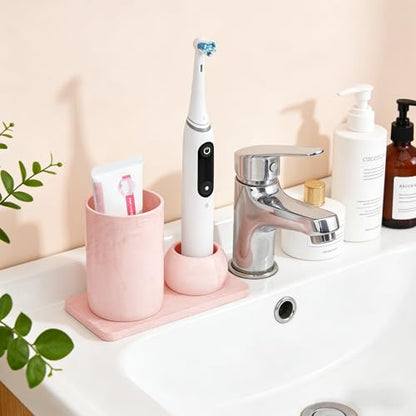 Ceramic Toothbrush Holder & Toothbrush Cup with Diatomite Tray for Bathroom, Bathroom Tumbler Cups Reusable Toothbrush Mouthwash Cup, Shower Counter Storage Organizer (Pink) - color: Pink Combination