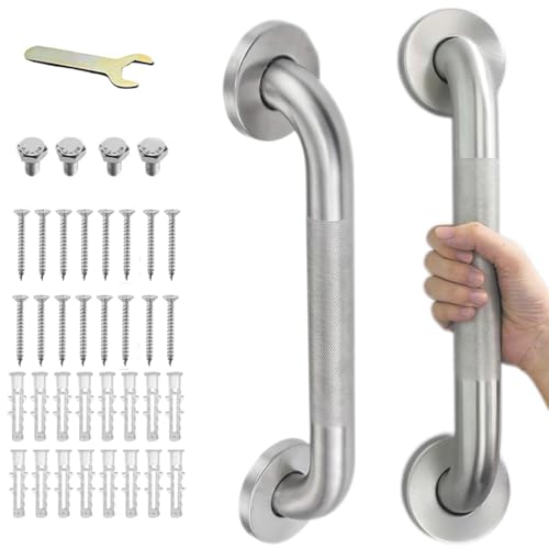 12 Inch Shower Grab Bars for Seniors, 2 Pack Brushed Nickel Stainless Steel ADA Grab Bars with 1.25'' Diameter Anti-Slip Textured Surface, Shower Safety Hand Rails for Elderly Handicapped | 1.25'' Diameter, Heavy Duty 304 Stainless Steel, Non-Slip Knurled