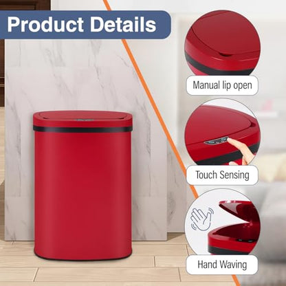 PayLessHere | 13 Gallon Stainless Steel Trash Can | Red | Automatic Touchless Lid with Motion Sensor | Kitchen Garbage Can with Waterproof Design | for Home, Office, Bathroom | Pack of 1 - color: Red Stainless Steel