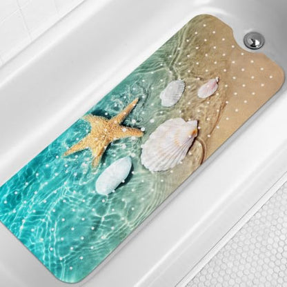 LNOND Summer Beach Bathtub Mat Non Slip, 40 X 16 Inch Tub Mat for Bathroom, Starfish Seashell Bath Tub Shower Mat with Drain Holes and Suction Cups - color: Beach Starfish Seashell