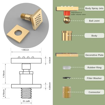 Shower Body Spray Jets with On Off Switch Adjustable Flow Body Sprays Jets Massage Spa Jet Brushed Gold, Flow control - color: Square-Brushed Gold