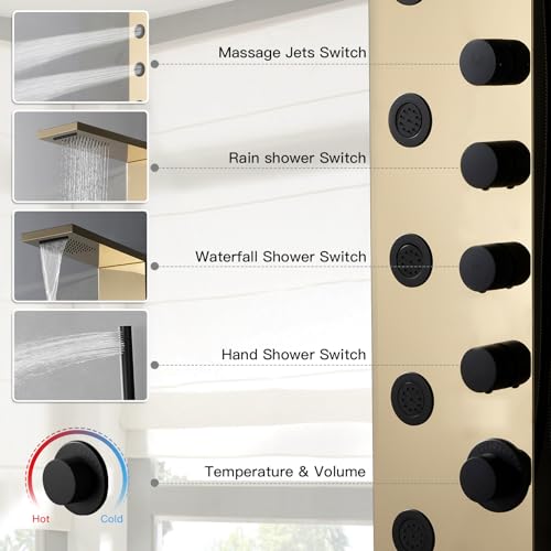 Shower Panel Tower System with Rainfall Shower Head | 5 Body Jets and Handheld Shower Head,Modern Massage Shower System Polished Gold and Black by Homevacious - color: Polished Gold and Black, style: Standard Shower Panel