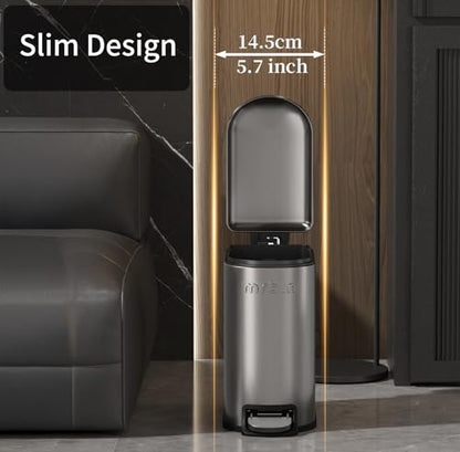 MRBIN Stainless Steel Slim Bathroom Trash Can with Lid, 6L / 1.6Gal Step Narrow Waste Basket Covered Odorless Dustbin with Inner Bucket for Bedroom, Kitchen, Vanity, Office, Eclipse-Grey - color: Eclipse Grey - 1.6 Gallons, style: Arc Lid