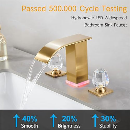 Brushed Gold Bathroom Faucet 3 Hole, 8-inch Widespread Vanity Faucet with LED Waterfall spout Gold for Bathroom Sink, Modern Vanity Faucet(Brushed Gold)