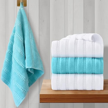 VOOVA & MOVAS Hand Towels 4PC,13"x30", 100% Cotton,White & Aqua | Waffle Weave Fabric, Soft Lightweight & Absorbing, Quick Dry & Non-fading, Unshrinkable - color: White + Aqua