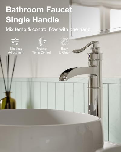 BWE Vessel Sink Faucet Chrome Polished Waterfall Spout Tall Body 1 Hole | Tall Bathroom Faucets with Pop Up Drain Assembly Without Overflow Supply Lines Lavatory Vanity Faucets Commercial - color: Chrome