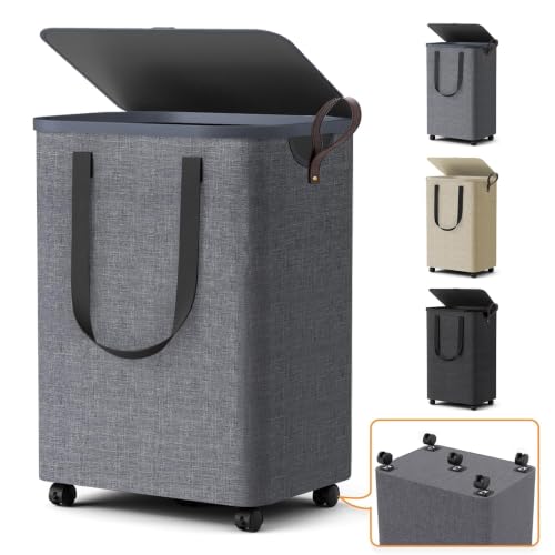 Laundry Basket with 5 Wheels, Tall Dirty Laundry Hamper, Rolling Laundry Basket with Lid, Collapsible Clothes Hamper for Bathroom Bedroom Dorm Laundry Room, Light Gray, 75L - color: Light Gray, size: 75L