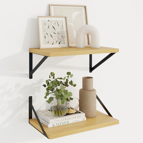 Deep Floating Shelves, 16'' x 10'' Oak Wall Shelves Set of 2 | 10 Inch Deep Shelves with Heavy Duty Brackets, Rustic Wood Shelves for Bathroom Living Room, Engineered Wood, 35LBS - color: Oak, size: 16W x 10D