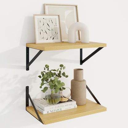 Deep Floating Shelves, 16'' x 10'' Oak Wall Shelves Set of 2 | 10 Inch Deep Shelves with Heavy Duty Brackets, Rustic Wood Shelves for Bathroom Living Room, Engineered Wood, 35LBS - color: Oak, size: 16W x 10D