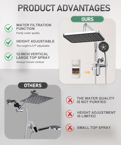 Filtered Shower Head with Handheld Spray Combo,12 inch High Pressure Rainfall Shower Head with Adjustable Slide Bar,Dual Rainfall Showerhead,Bathroom Accessories,Chrome