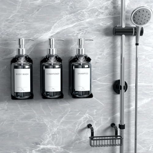 Stylish Shampoo and Conditioner Dispenser Wall Mount Set of 3 - No Drill 16oz Shower Soap Dispenser Wall Mounted 3 Chamber with 6 Labels, Easy to Refill Shampoo Dispenser for Shower Wall - Clear - color: Clear