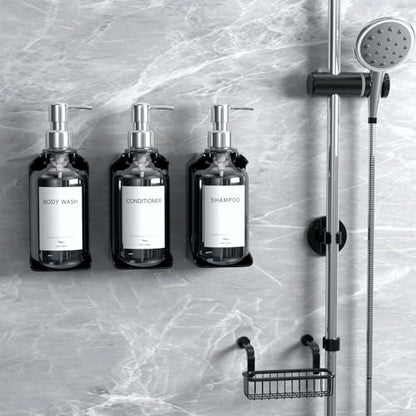 Stylish Shampoo and Conditioner Dispenser Wall Mount Set of 3 - No Drill 16oz Shower Soap Dispenser Wall Mounted 3 Chamber with 6 Labels, Easy to Refill Shampoo Dispenser for Shower Wall - Clear - color: Clear