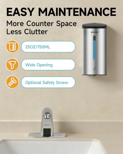 AIKE Classic Automatic Soap Dispenser,25oz for Commercial,Brushed AK1205E | 5-Level Adjustable and Savety Key for Commercial(4*AA Batteries Not Included),No-drill and Screw Wall Mount for Space-Saving - color: Brushed Stainless Steel