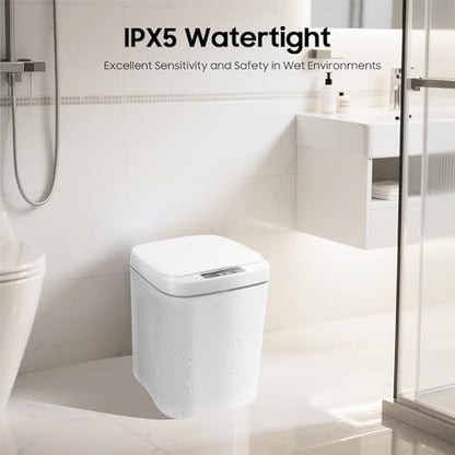 Touchless Trash Can 4 Gallon, Motion Sensor Automatic Trash Can with LED Light, IPX5 Waterproof Smart Waste Bin for Kitchen Bathroom Bedroom, White Rectangular Garbage Can, 8.66x7.87Inch