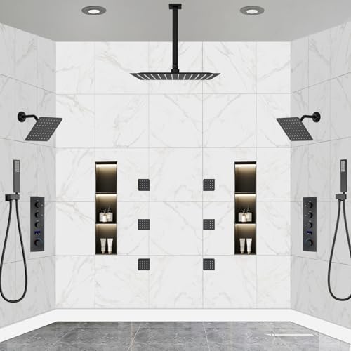 Dual Shower Mixer 6 Way Full Body Shower Head System Rain 12+8+8 Inch With Wall Mount 6 Pcs Jets 2 Handheld Shower Diverter Valve Digital Display Fauct Set,Matte black - color: Matte Black