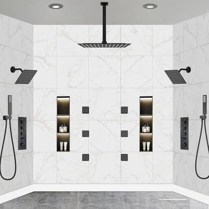 Dual Shower Mixer 6 Way Full Body Shower Head System Rain 12+8+8 Inch With Wall Mount 6 Pcs Jets 2 Handheld Shower Diverter Valve Digital Display Fauct Set,Matte black - color: Matte Black