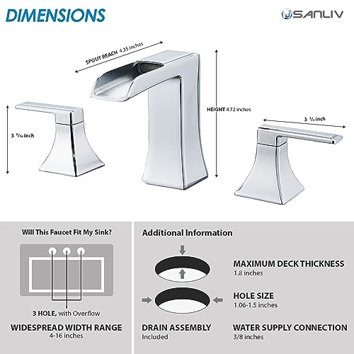 Chrome Waterfall Bathroom Faucet, Sanliv 2-Handle Widespread Bathroom Faucet for 3-Hole Sinks 4-8 inch, Modern 3 Piece Vanity Faucet with Pop-Up Drain Chrome - color: Chrome
