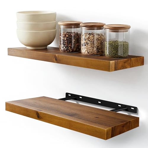BATODA Wood Floating Shelves, Wall Mounted, 17" Set of 2, Hardware Included | Acacia Wood, 100LBs Capacity, Hidden Brackets, Easy DIY Assembly, Rustic Farmhouse Style, for Bathroom, Bedroom & Kitchen - color: Acacia, size: 17 Inch