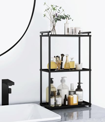 VOTZAAQ 3 Tier Bathroom Organizer Countertop, Stainless Steel Perfume Tray and Vanity Countertop Shelf, Makeup Skin Care Bathroom Organizers and Storage for Dresser, Kitchen (Matte Black) - style: 3Tier