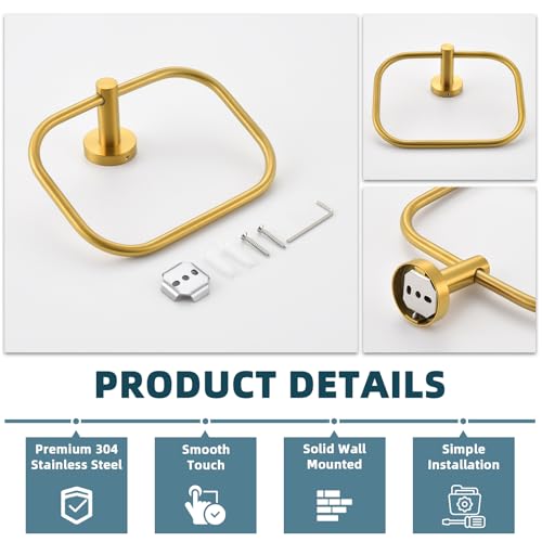 Brushed Gold Towel Ring for Bathroom, Rustproof 304 Stainless Steel | 180° Swivel Hand Towel Holder, Modern 7.09" Square Hanging Loop, Easy Towel Hang & Grab, Space-saving Drilling Wall Mounted - color: Brushed Gold
