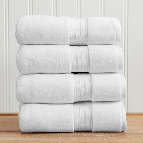 Great Bay Home 100% Cotton 4 Pack Bath Towel Set - Absorbent, Quick-Drying, Classic Bath Towels for Bathroom - Zero-Twist Fibers (White) - color: White, size: Bath Towel (Pack of 4)